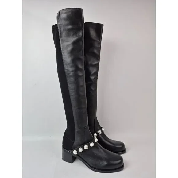 Stuart Weitzman Women's Black Portia 5050 Studded Pearl Boots Size 7.5 B - Picture 1 of 7